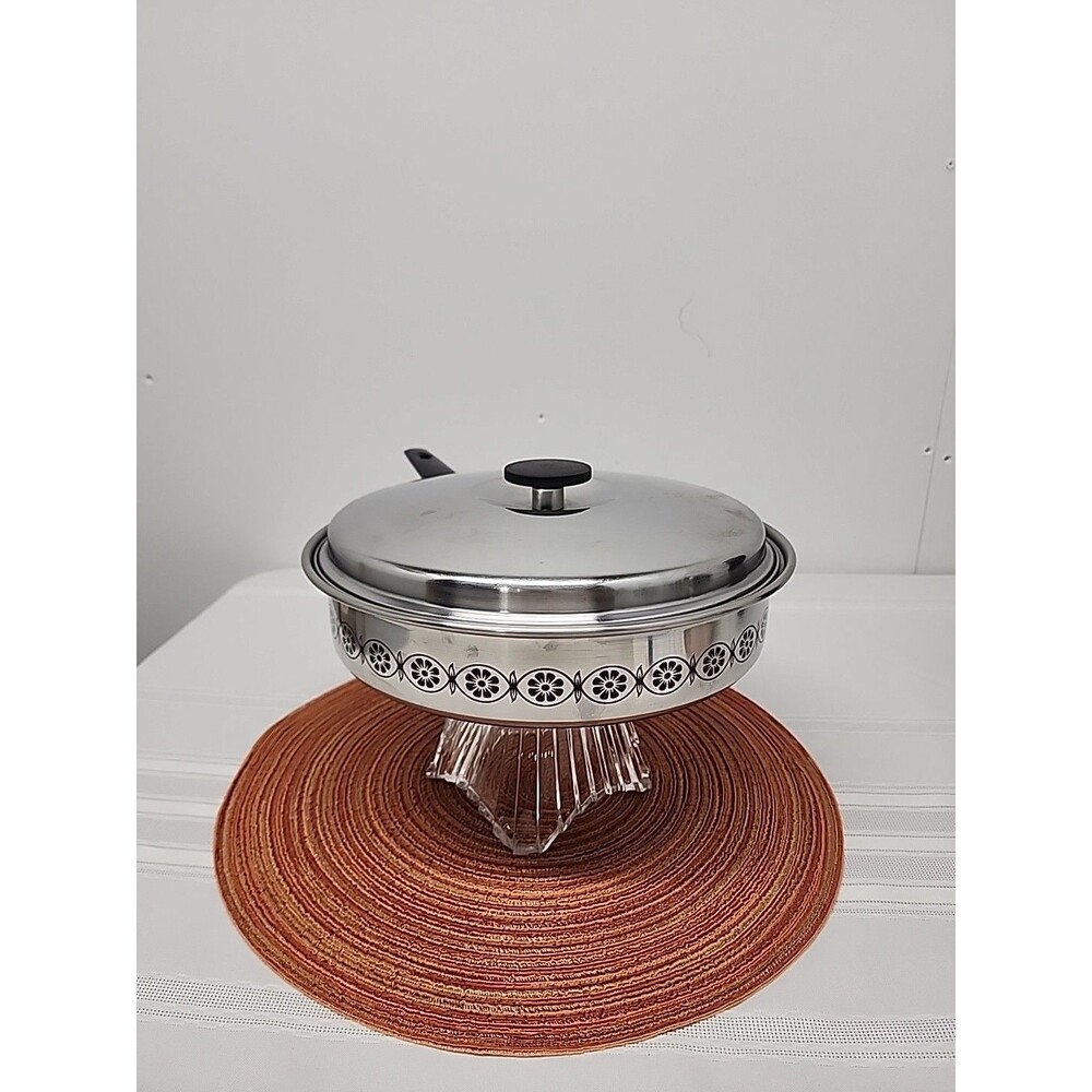 MCM Ekco 10" 3 Ply Stainless Steel Skillet W Lid Daisy Pattern Waterless 1950's